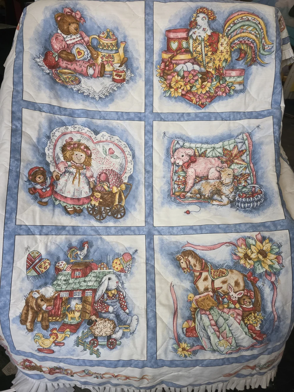 Vintage Baby Storybook Toy Print Bedding Quilt Ruffle Edge - Blue Multicolor